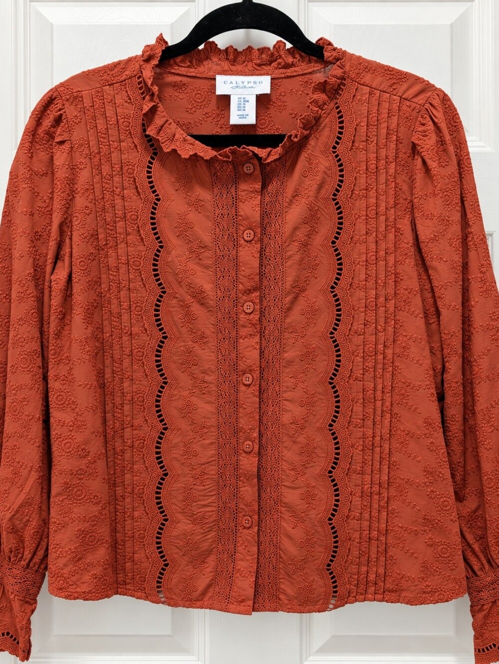 Calypso St. Barth Rust Embroidered Cotton Blouse Size M